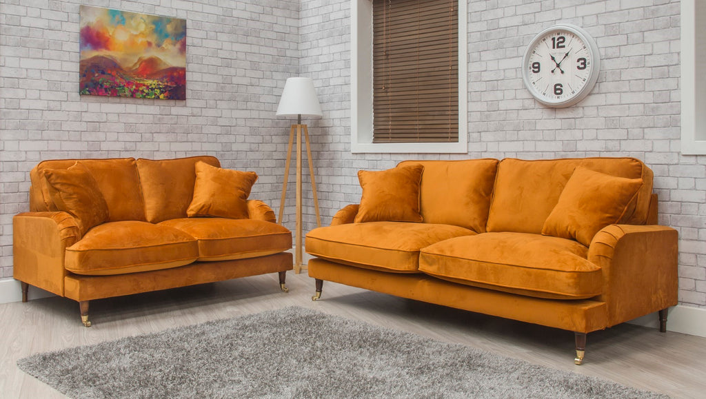 Image of an orange, vintage style, plush sofa suite called the Rupert from Lowneys.