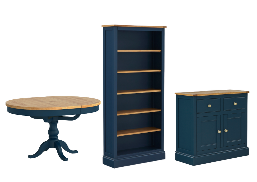 image of a navy round dining table, bookcase and sideboard from the chichester range